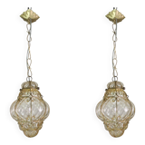 Set of 2 Wonderful Amber Vintage Venetian Lantern, Murano Glass, Italy, 1950s