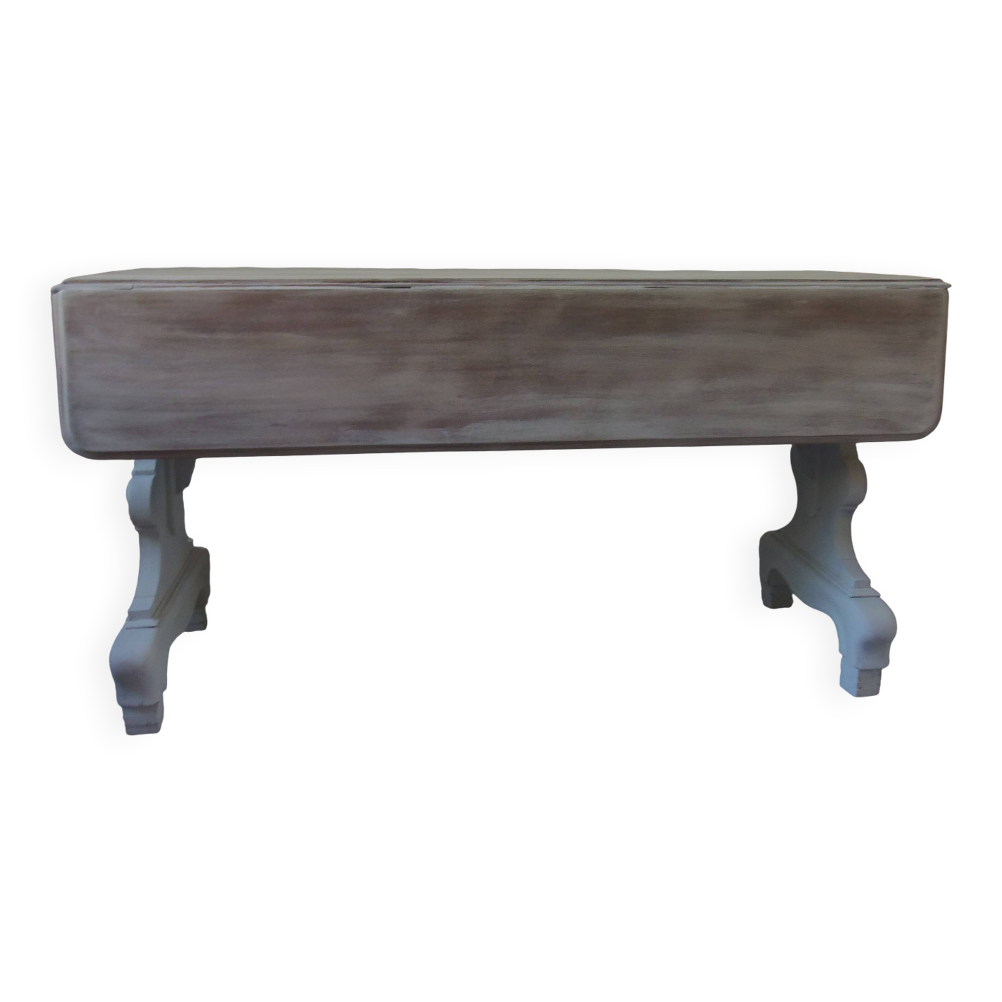 Console, solid walnut table, foldable extensions, grey patinated legs.