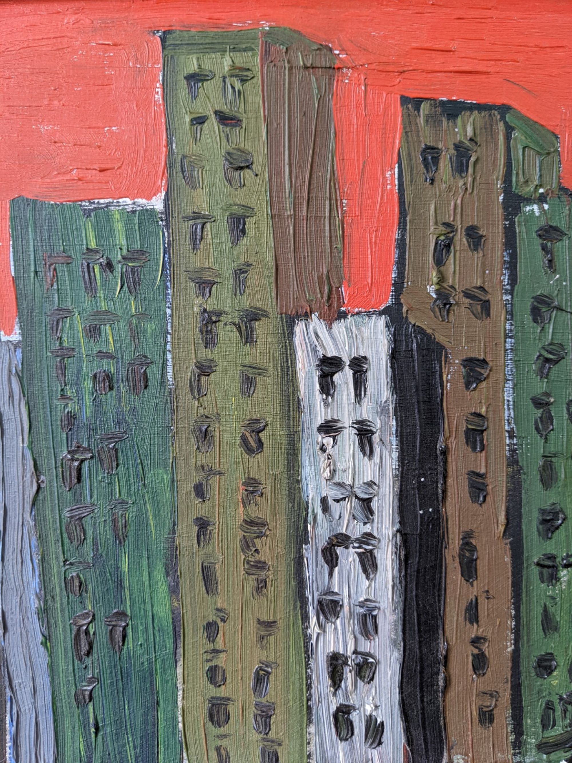 Mid-Century Modern Swedish "Skyline" Vintage Framed Cityscape Oil Painting