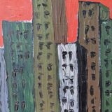 Mid-Century Modern Swedish "Skyline" Vintage Framed Cityscape Oil Painting