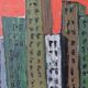 Mid-Century Modern Swedish "Skyline" Vintage Framed Cityscape Oil Painting