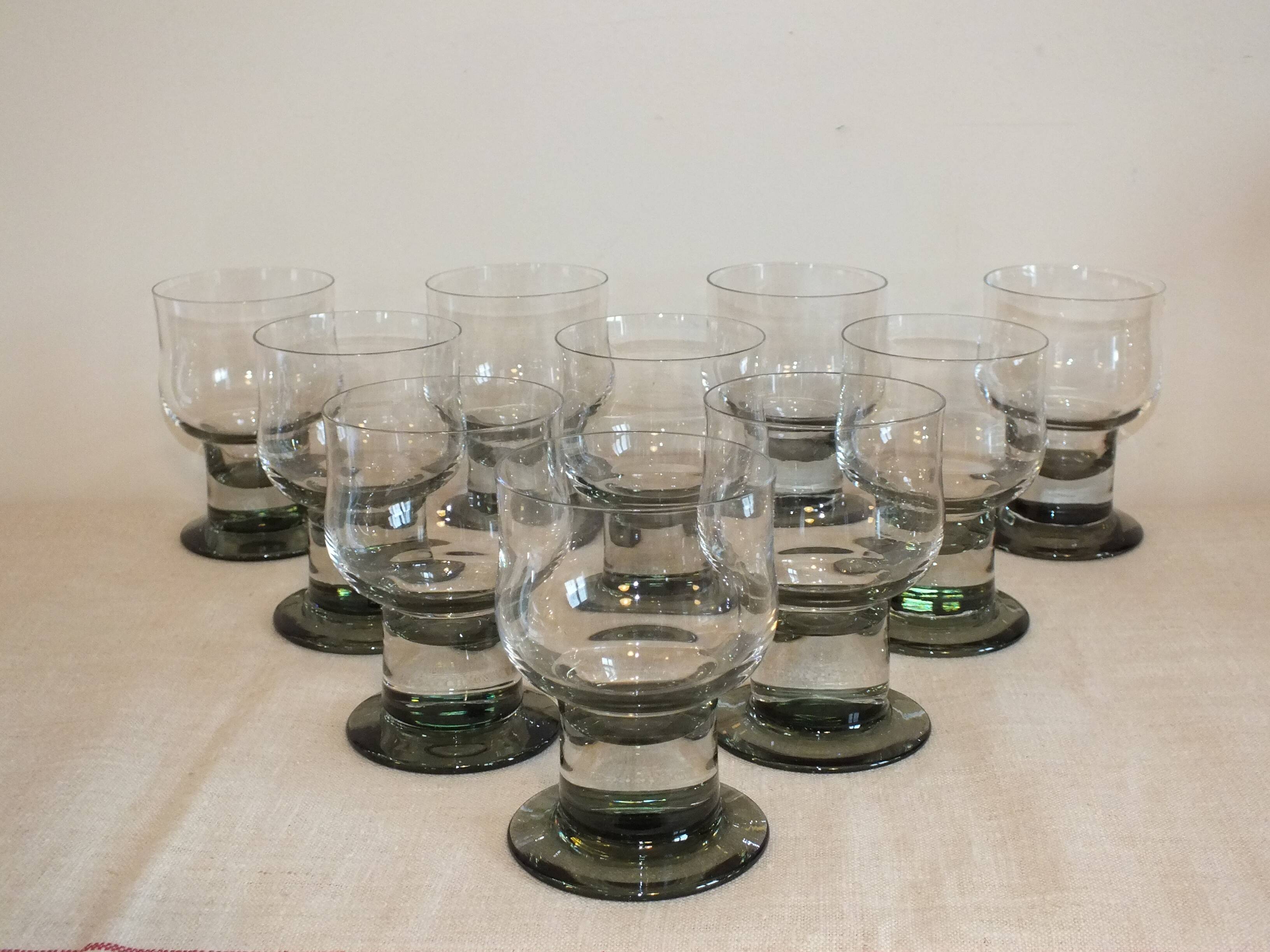 10 tarente thick crystal water glasses, steel gray foot, 1970
