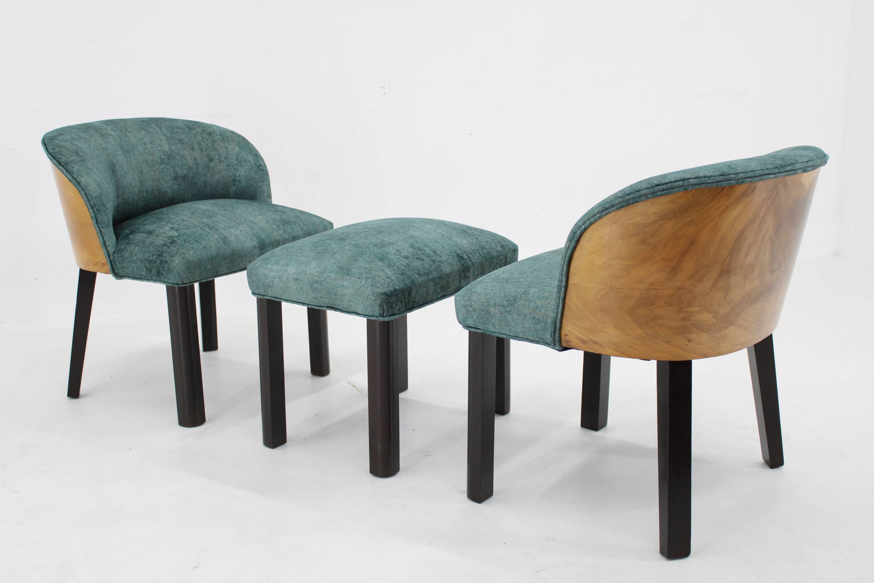 1940s Pair of Chairs with Stool, Italy