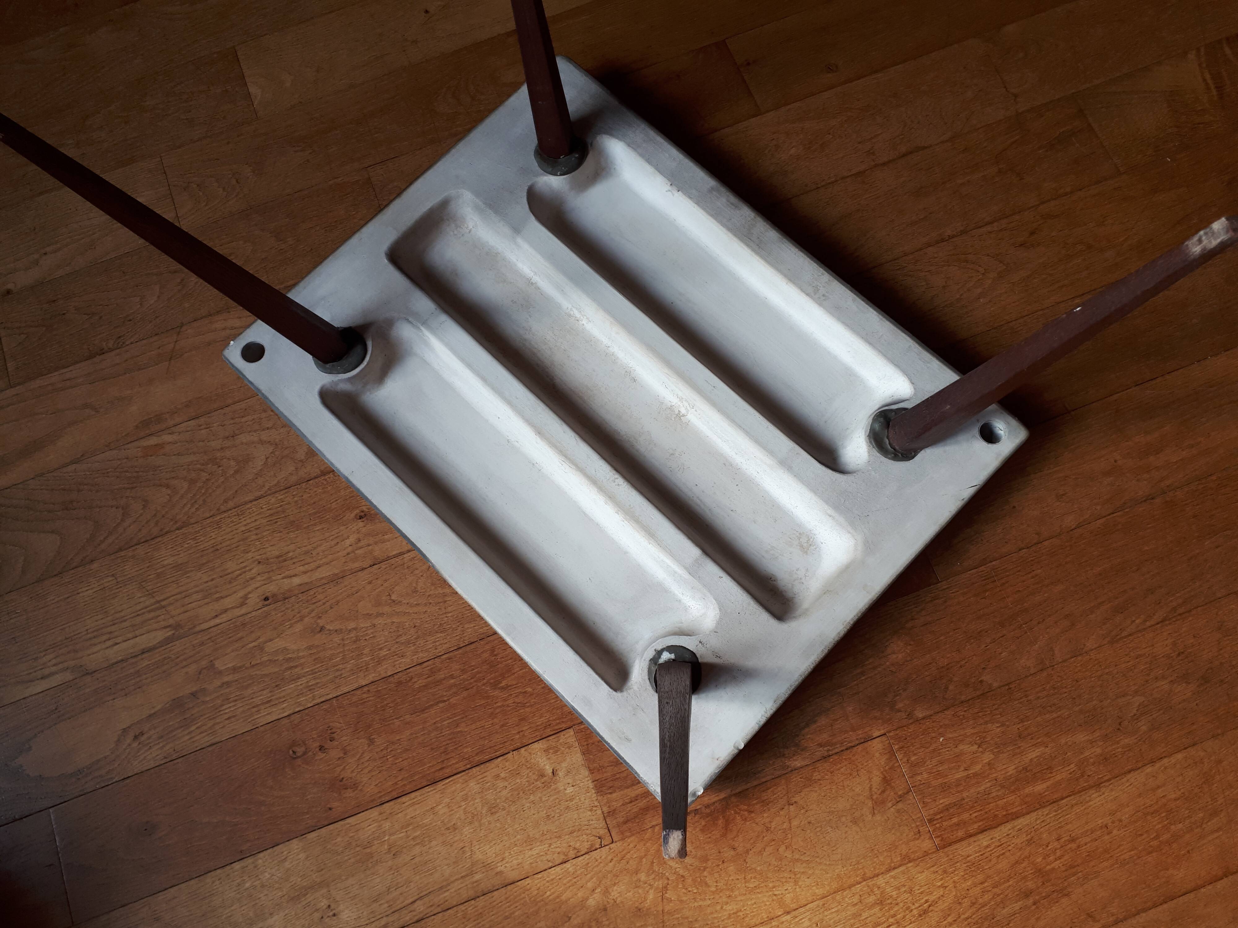 Small 1960s enamelled table, spindle legs, signed jd.