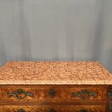 Louis XIV style commode. Walnut burl veneer and rosewood.