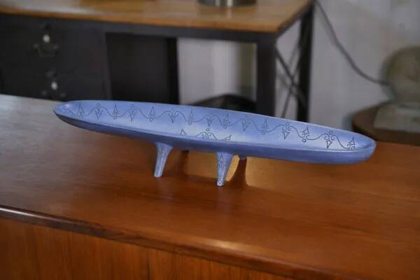 Long blue ceramic signed Atelier Mornac 1950s