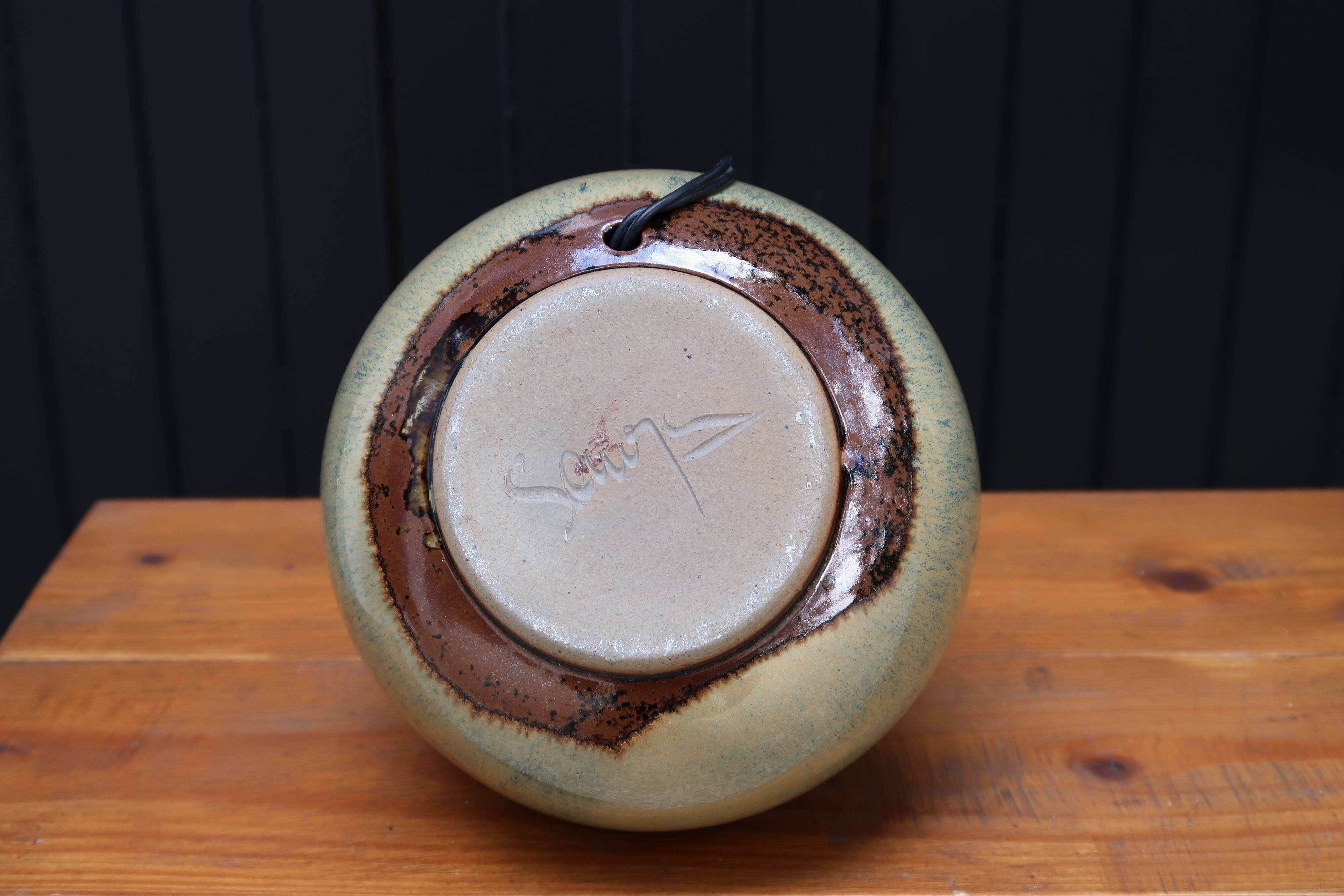 Beige ceramic lamp, herbarium-style lampshade, 70s