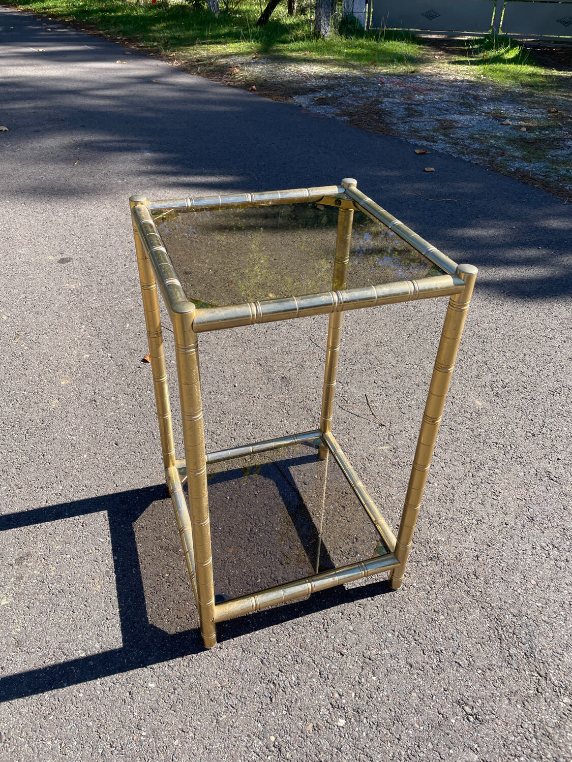 Square faux bamboo pedestal table in gold-plated brass and glass