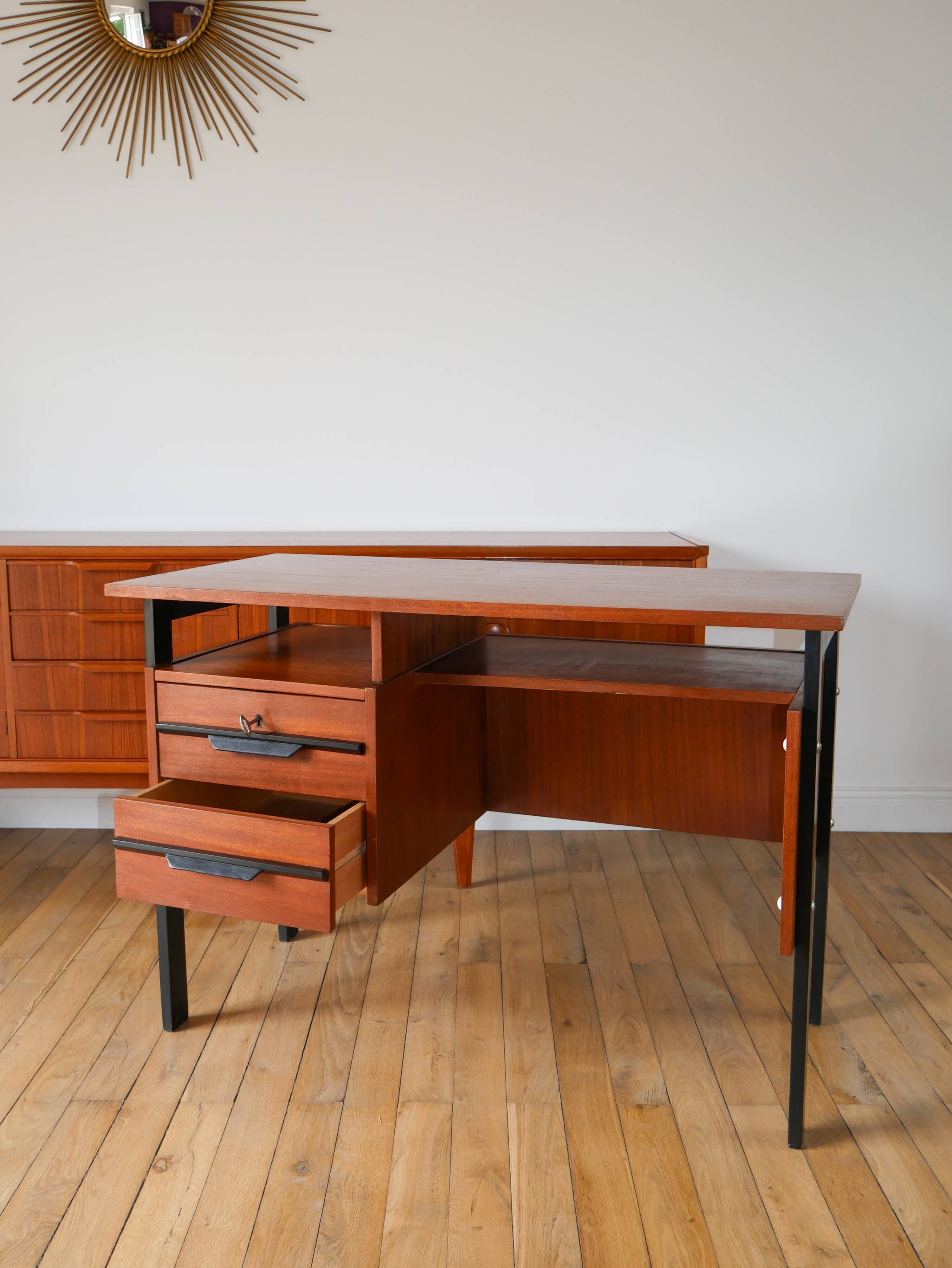 Scandinavian desk in black metal oak veneer, Modernist Design, 1960