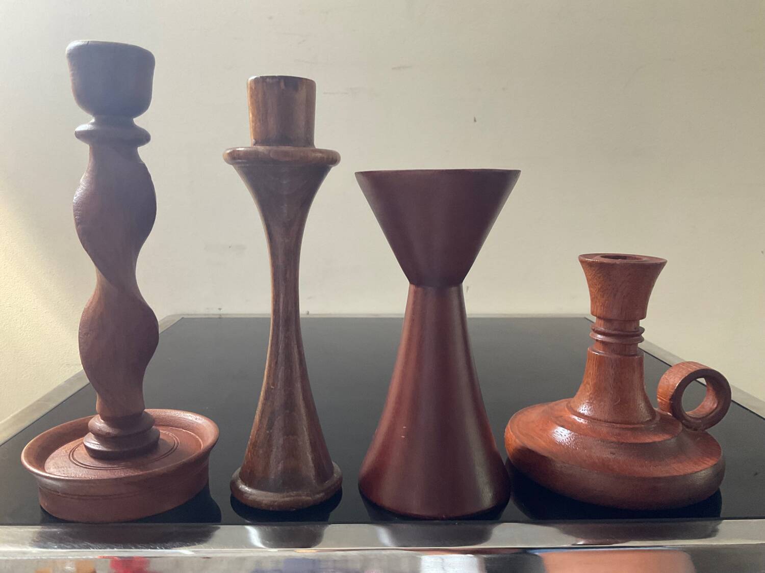 Set of 4 Scandinavian teak candlesticks