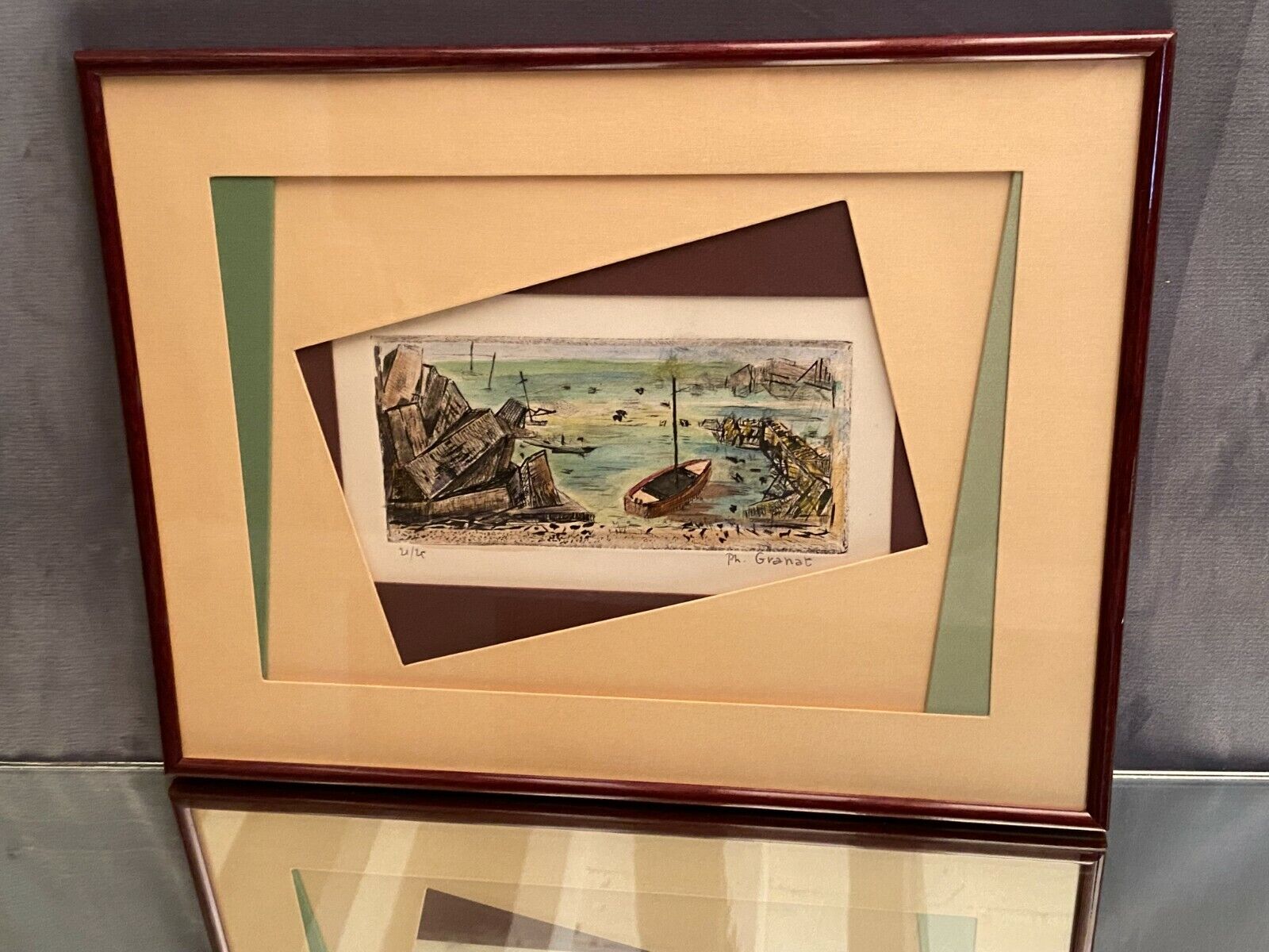 Original framed lithograph signed Ph. Granat numbered 21/25 seaside