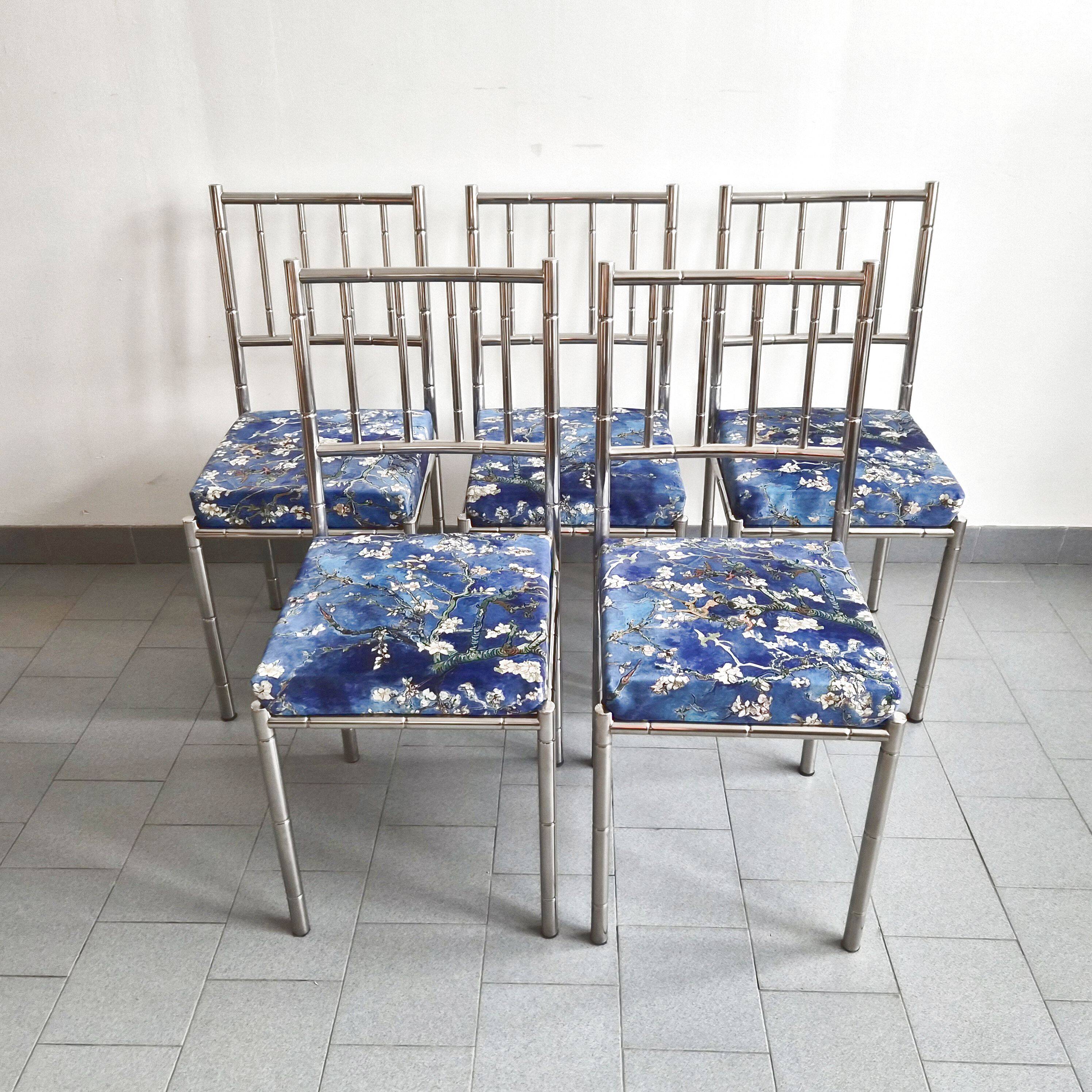Suite de 5 chaises faux-bambou vintage 1970