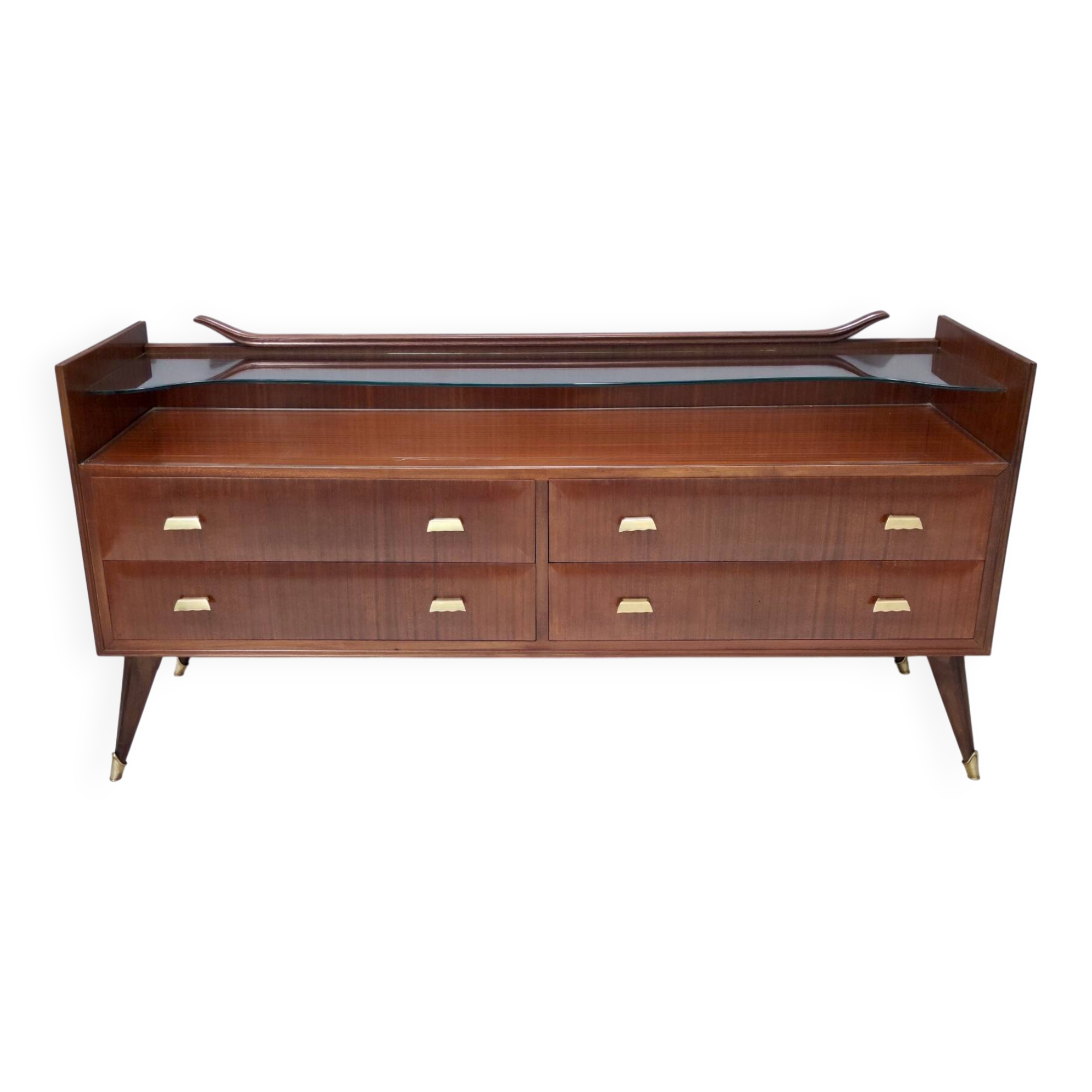 High-Quality Walnut Chest of Drawers with a Thick Glass Top, Italy