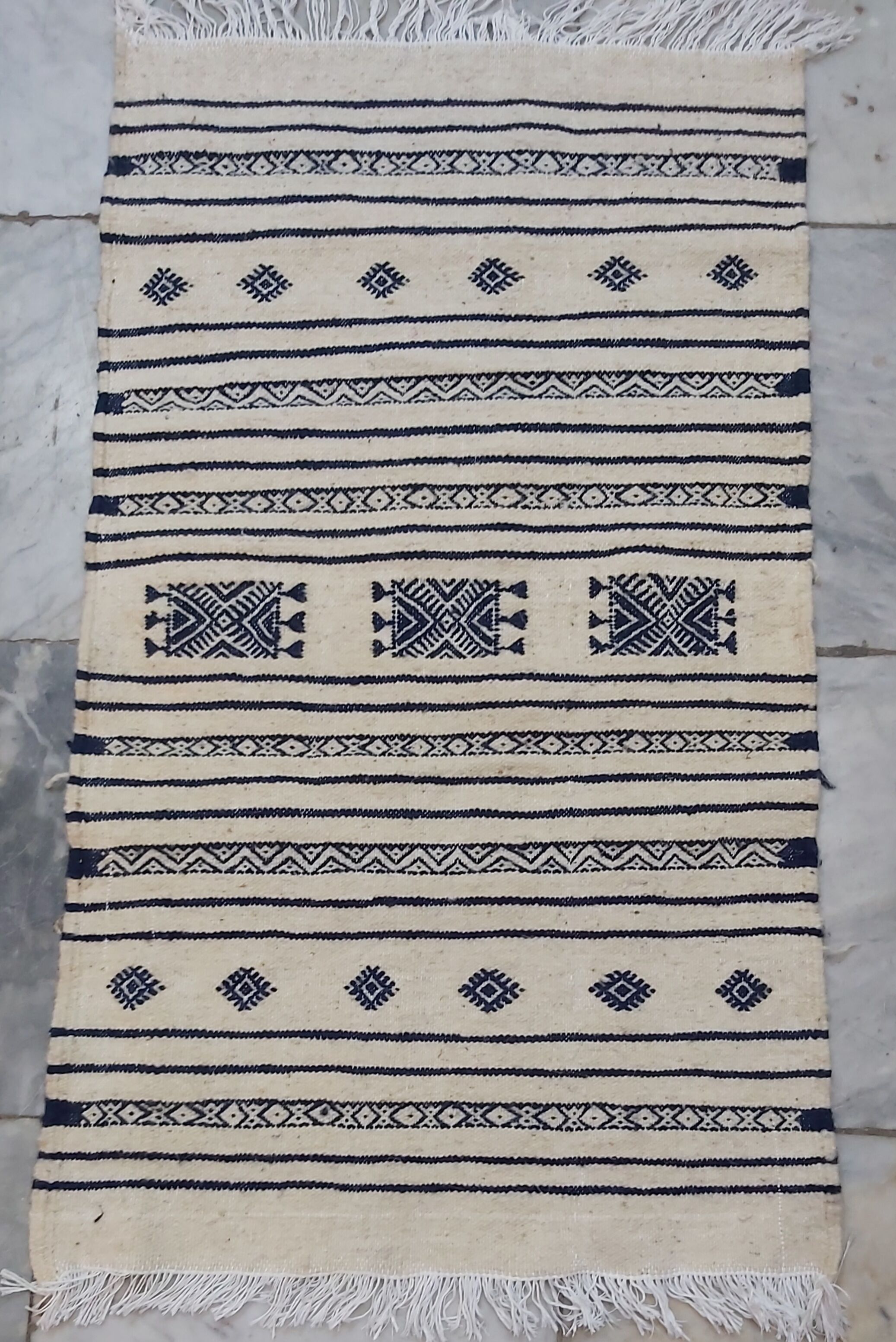 Kilim traditional white and blue handmade carpet 205x110cm