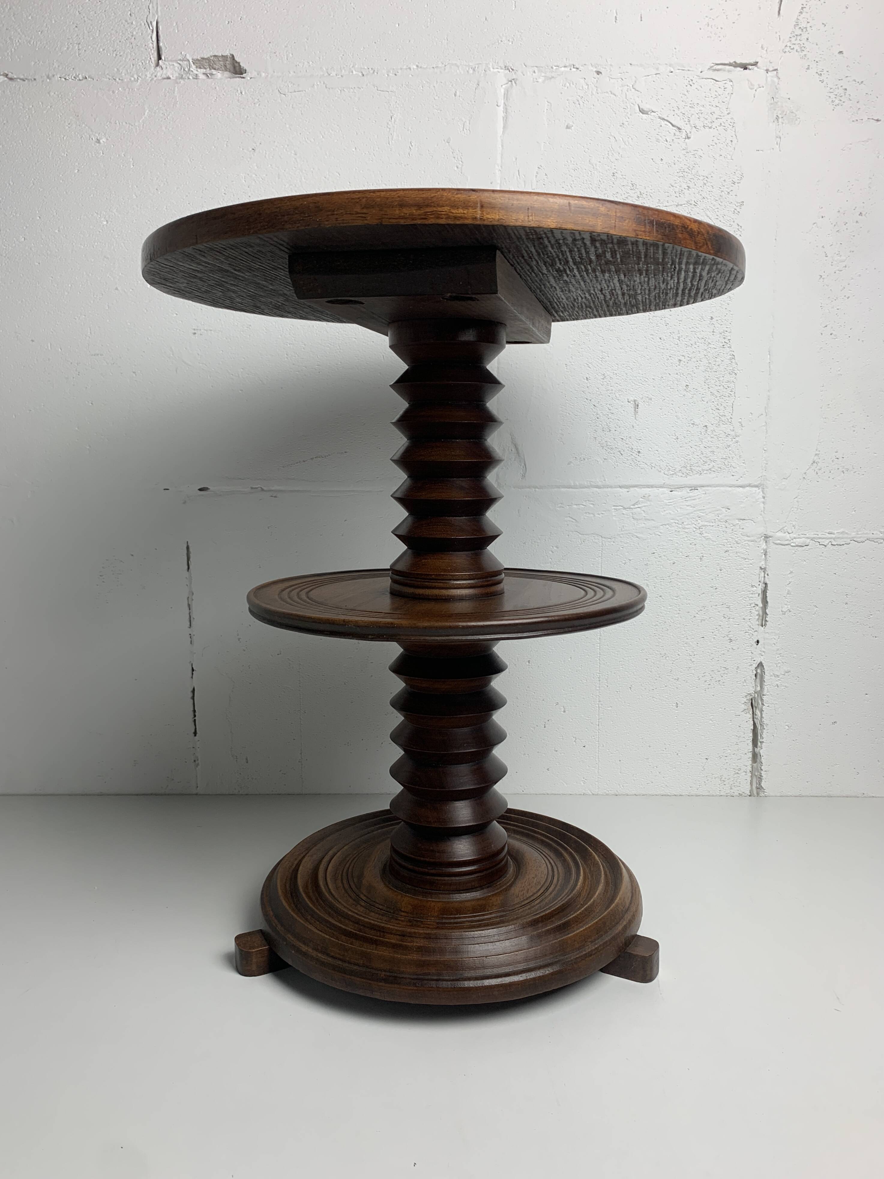 Brutalist Wood Turned Screw Press Side Table in the style of Dudouyt