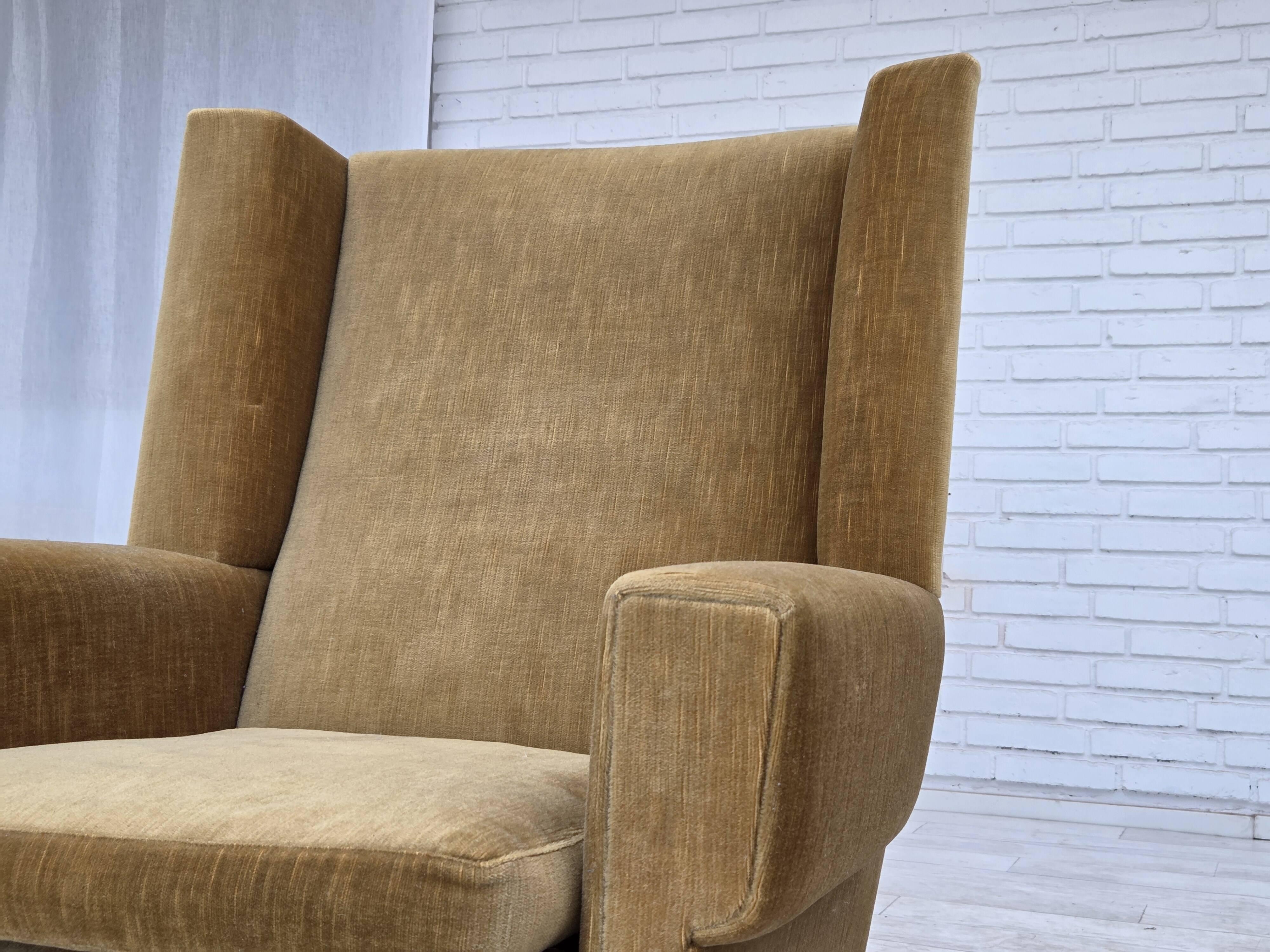 1970s, Danish highback armchair, honey yellow furniture velour.