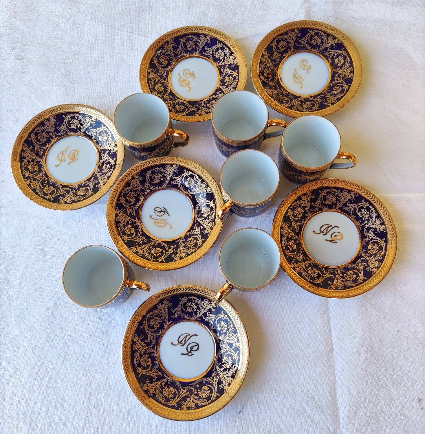 6 litron cups and saucers - oven blue and gold - Limoges porcelain