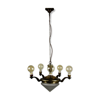 Vintage brass and glass chandelier, 40s