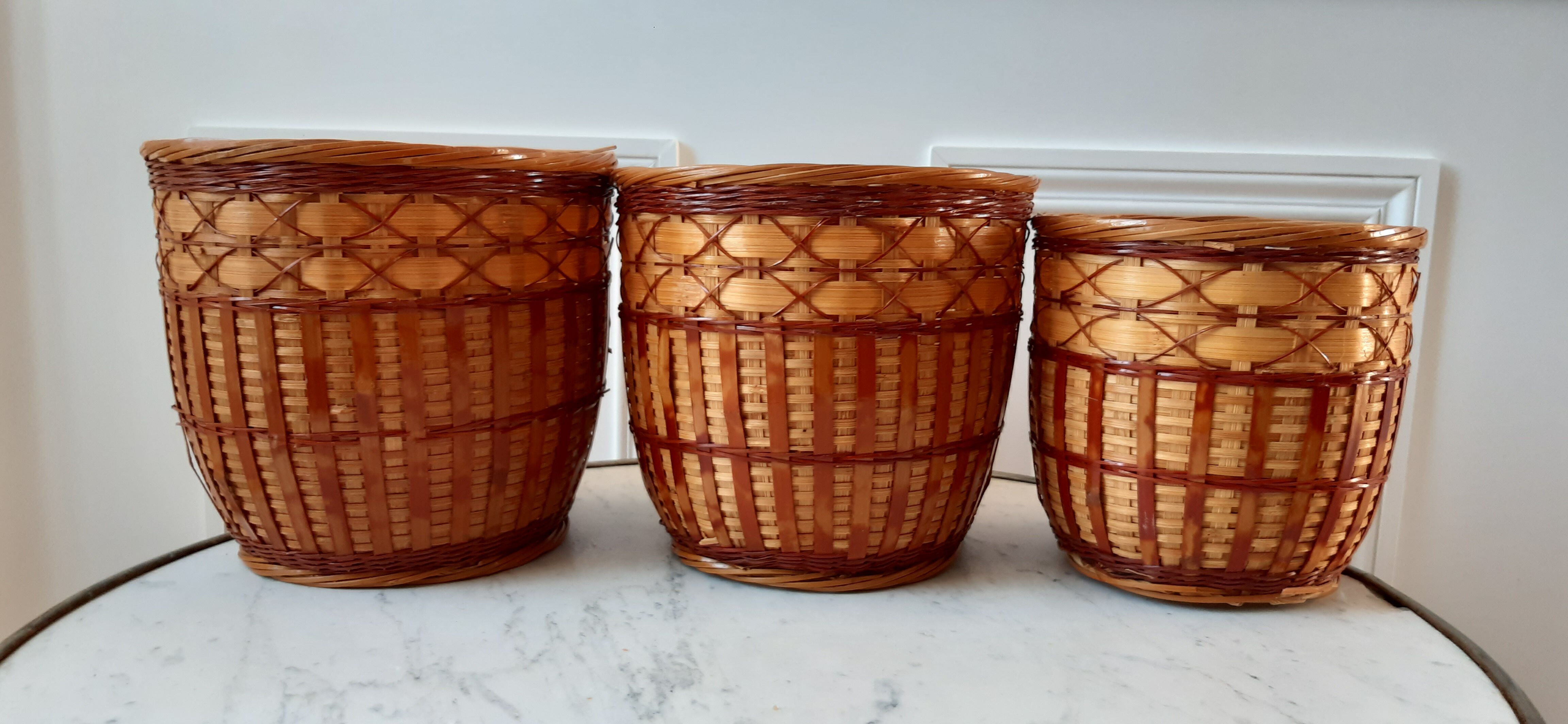 Trio of rattan and vintage bamboo pot covers 70s