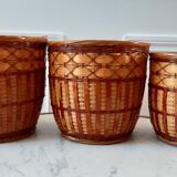 Trio of rattan and vintage bamboo pot covers 70s