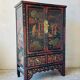 Antique Chinese cabinet in black and red lacquered wood – painted decoration on