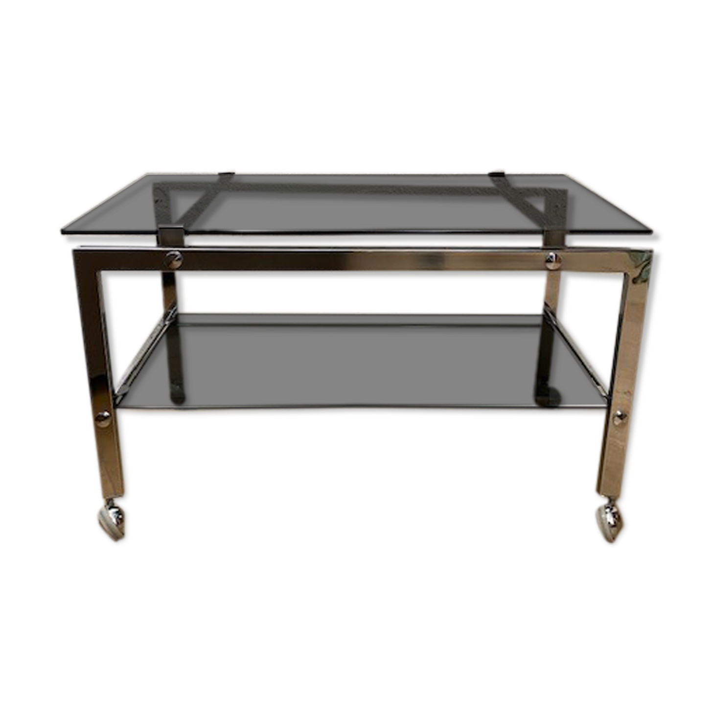 Vintage coffee table on chrome wheel and smoked glass