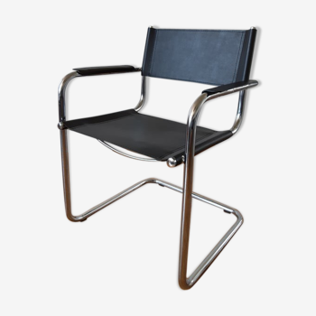 Bauhaus Italian leather armchair with tubular chrome frame 1970