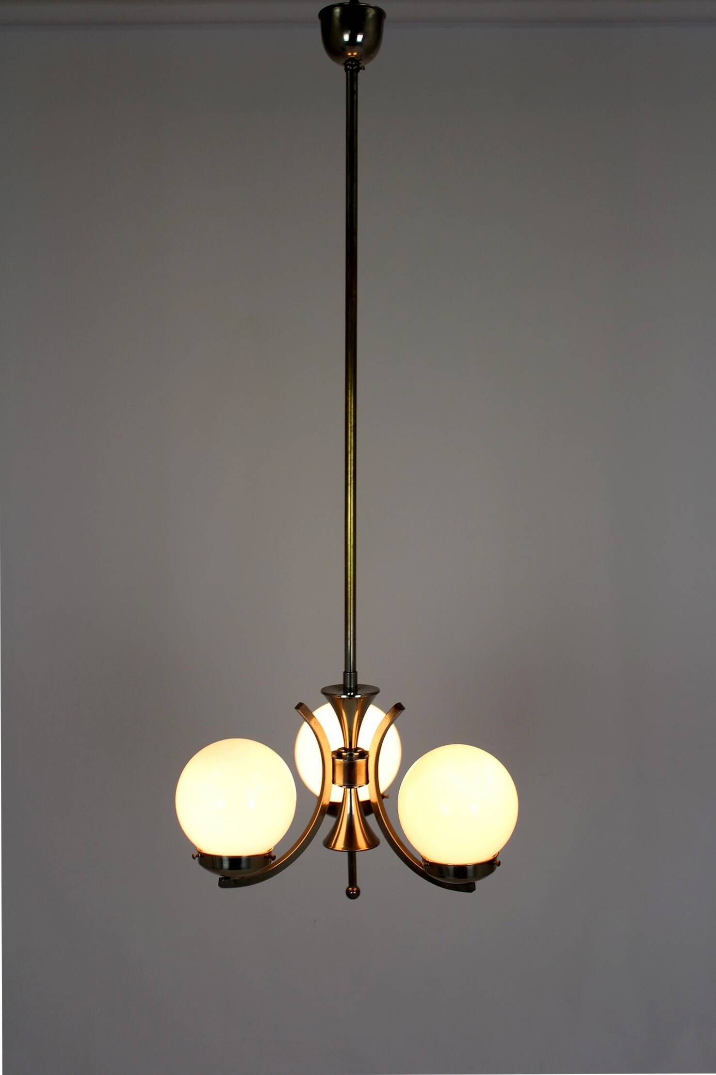 Vintage Czech Bauhaus style pendant light, tall, with opaline glass globes, 1940s