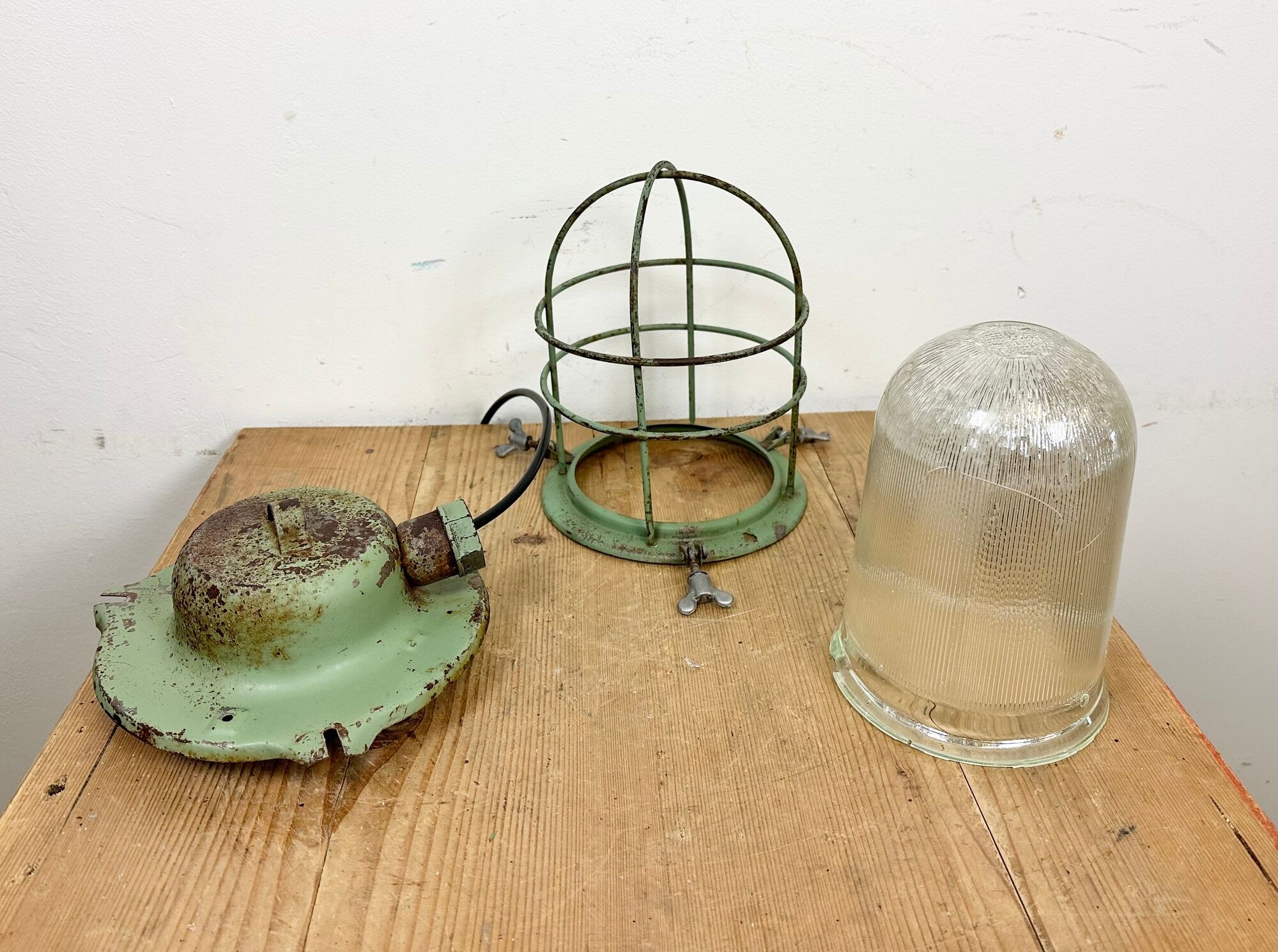 Green Industrial Soviet Bunker Pendant Light with Iron Grid, 1960s