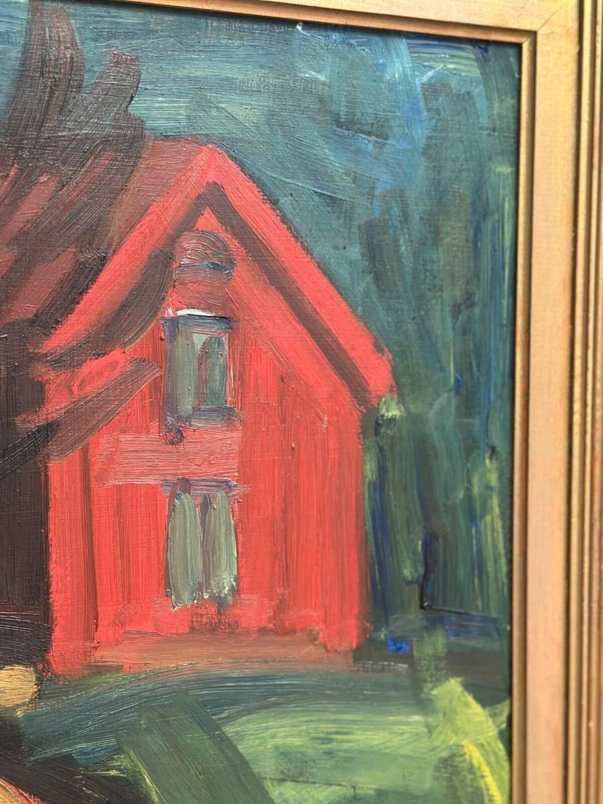 Huile sur panneau suédois d'époque mid-century – « Paysage avec maison » par Manfred Flyckt – Vintage et encadrée – 53 × 61 cm (20,9" × 24,0")