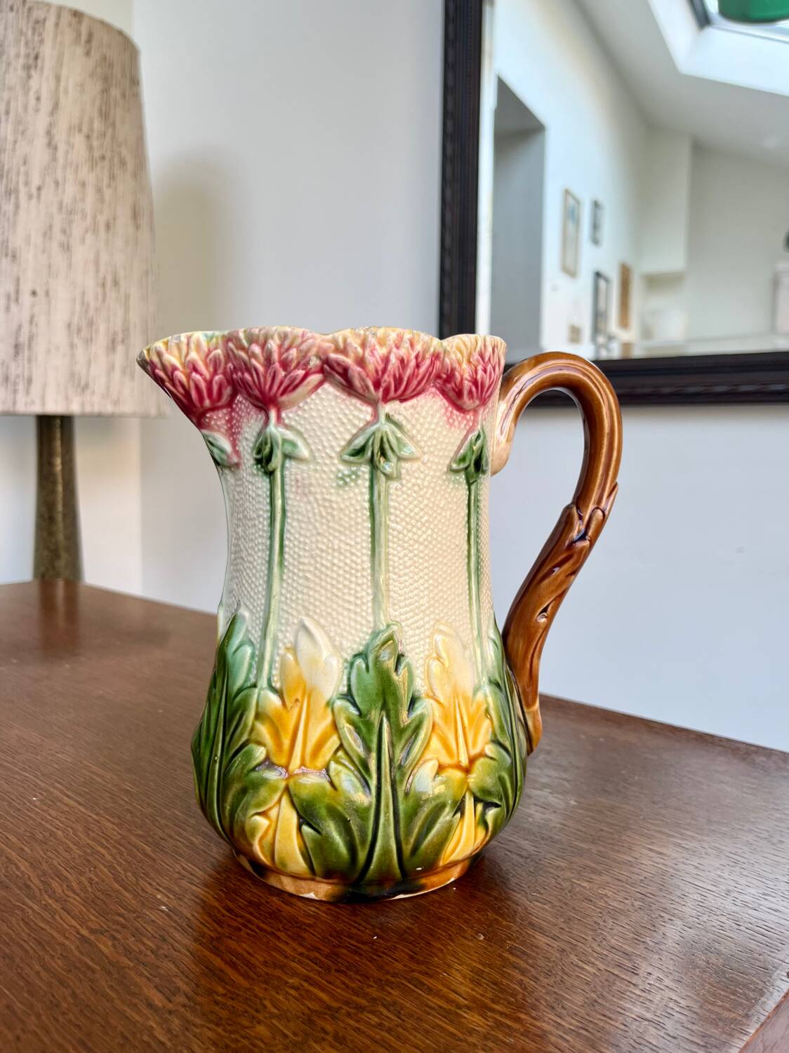 Antique floral barbotine jug – late 19th century ceramic