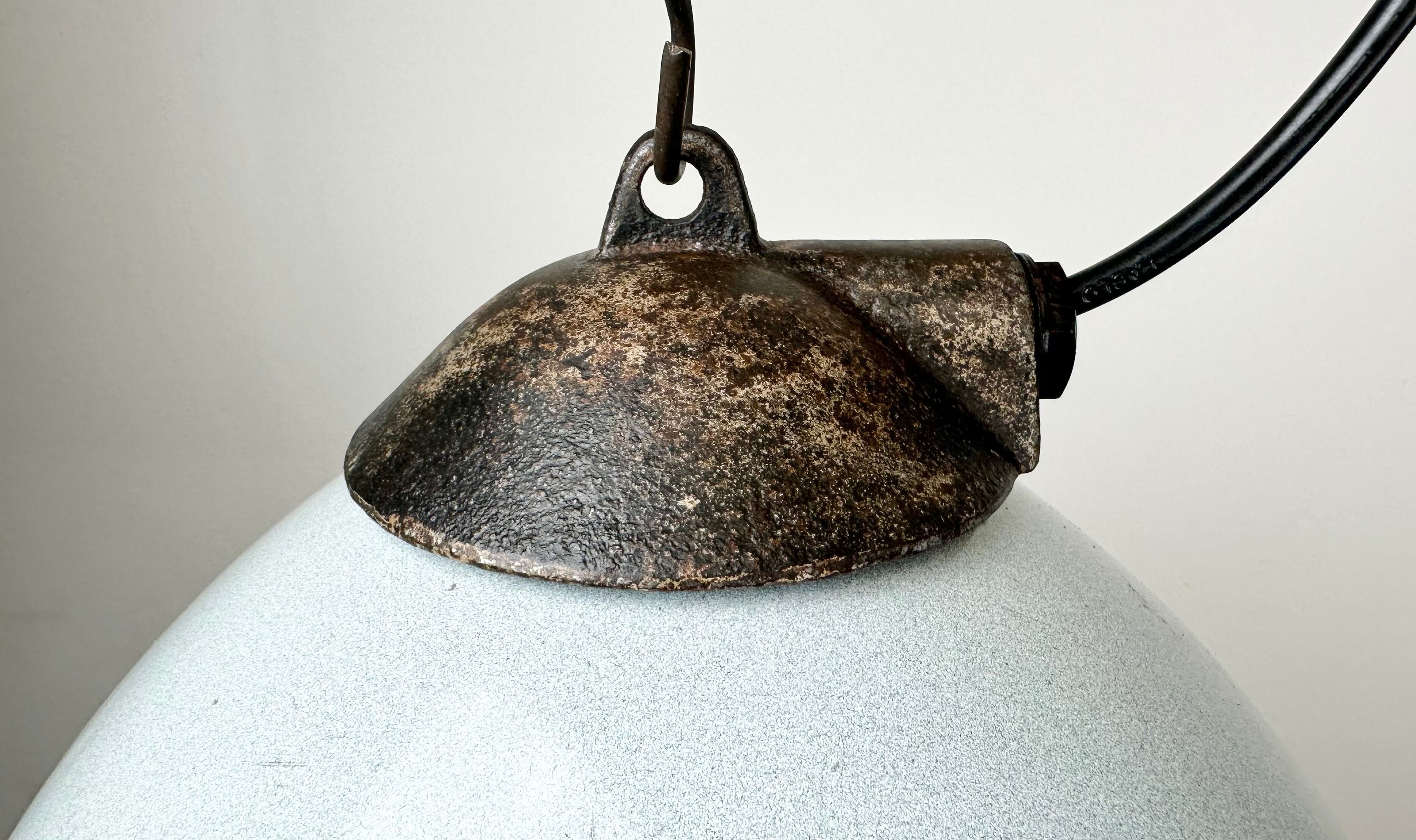 Industrial grey enamel factory lamp with cast iron top, 1960s