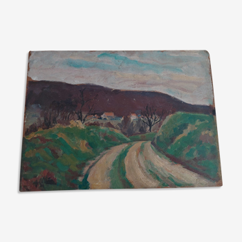 Painting oil on landscape panel early twentieth century