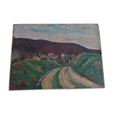 Painting oil on landscape panel early twentieth century
