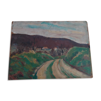 Painting oil on landscape panel early twentieth century