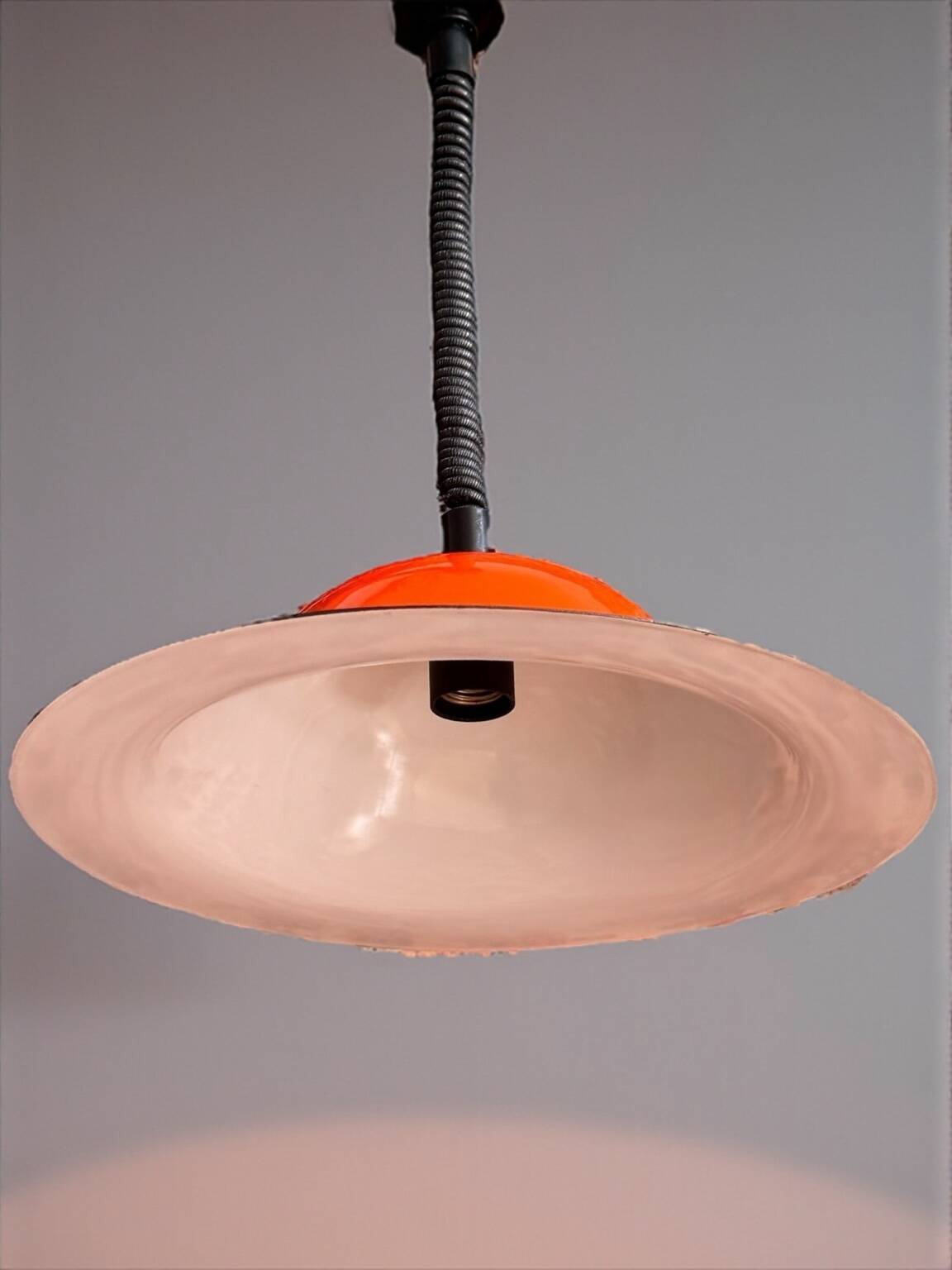 Vintage orange enameled metal pendant light – space age design – 1970s
