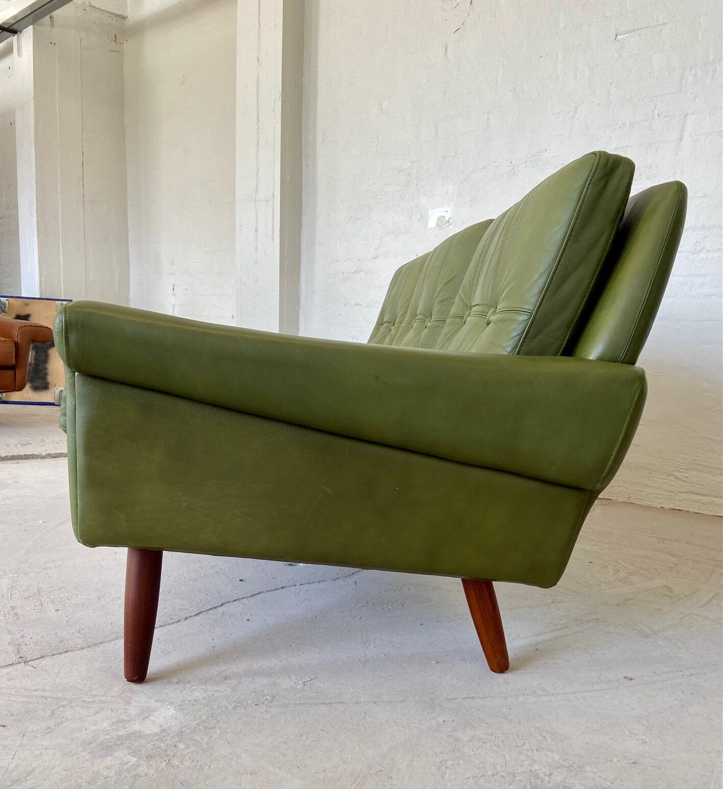Vintage Danish mid-century Svend Skipper 3 person sofa in olive green leather 1965