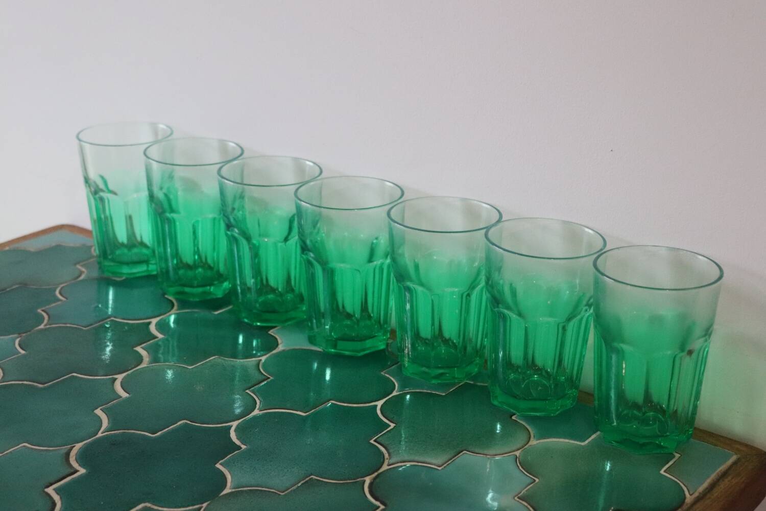 7 large vintage green water glasses