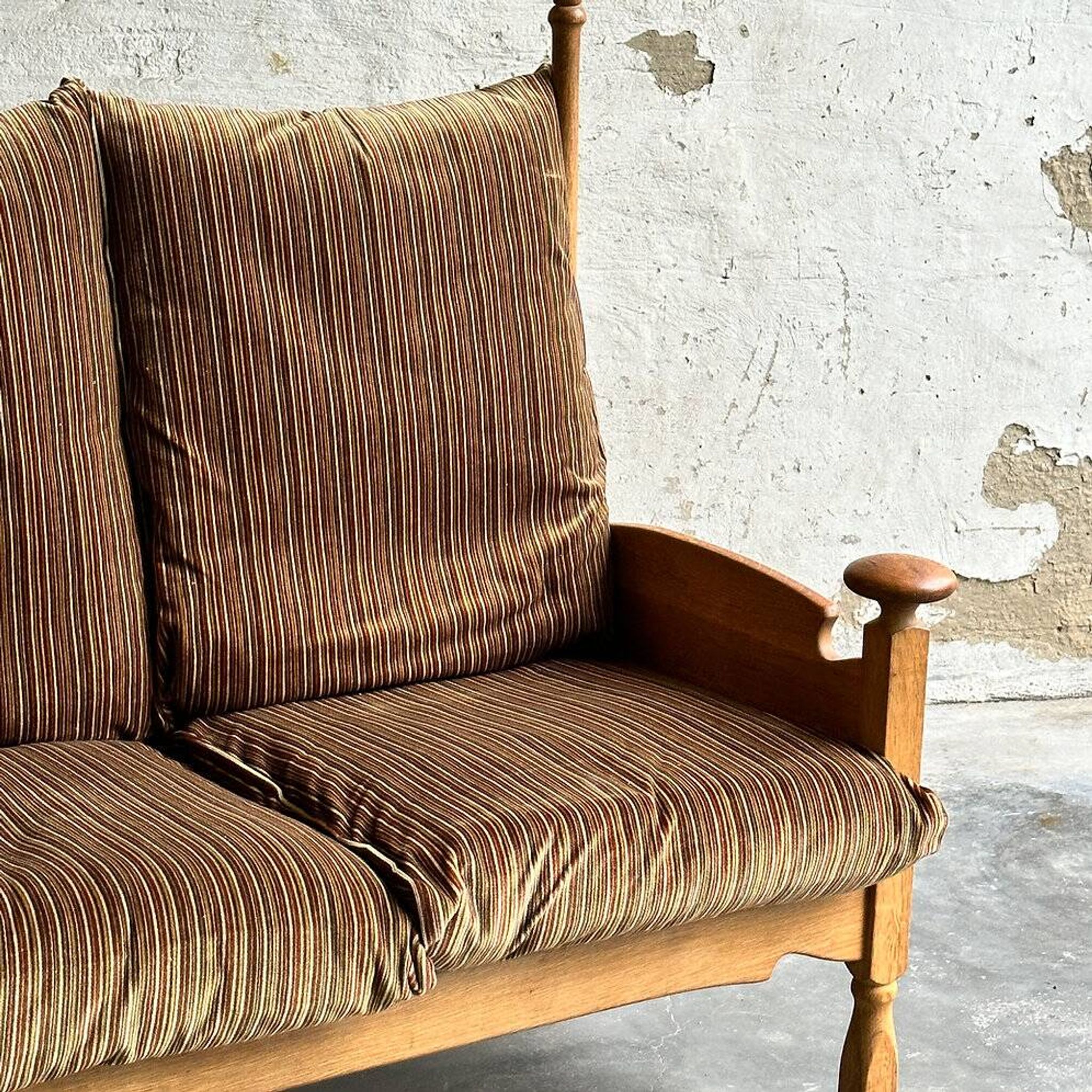 1950s brutalist oak and velvet throne-like sofa