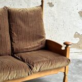 1950s brutalist oak and velvet throne-like sofa