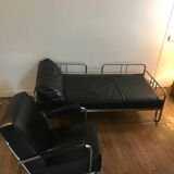 Sofa and armchair in chrome metal and black leather