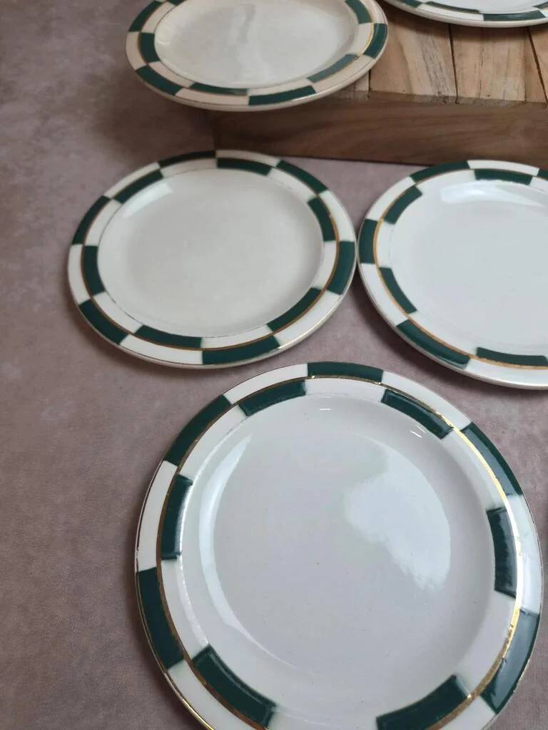 Set of 10 dessert plates Salins – Opaceline Jamier Green – vintage checkered