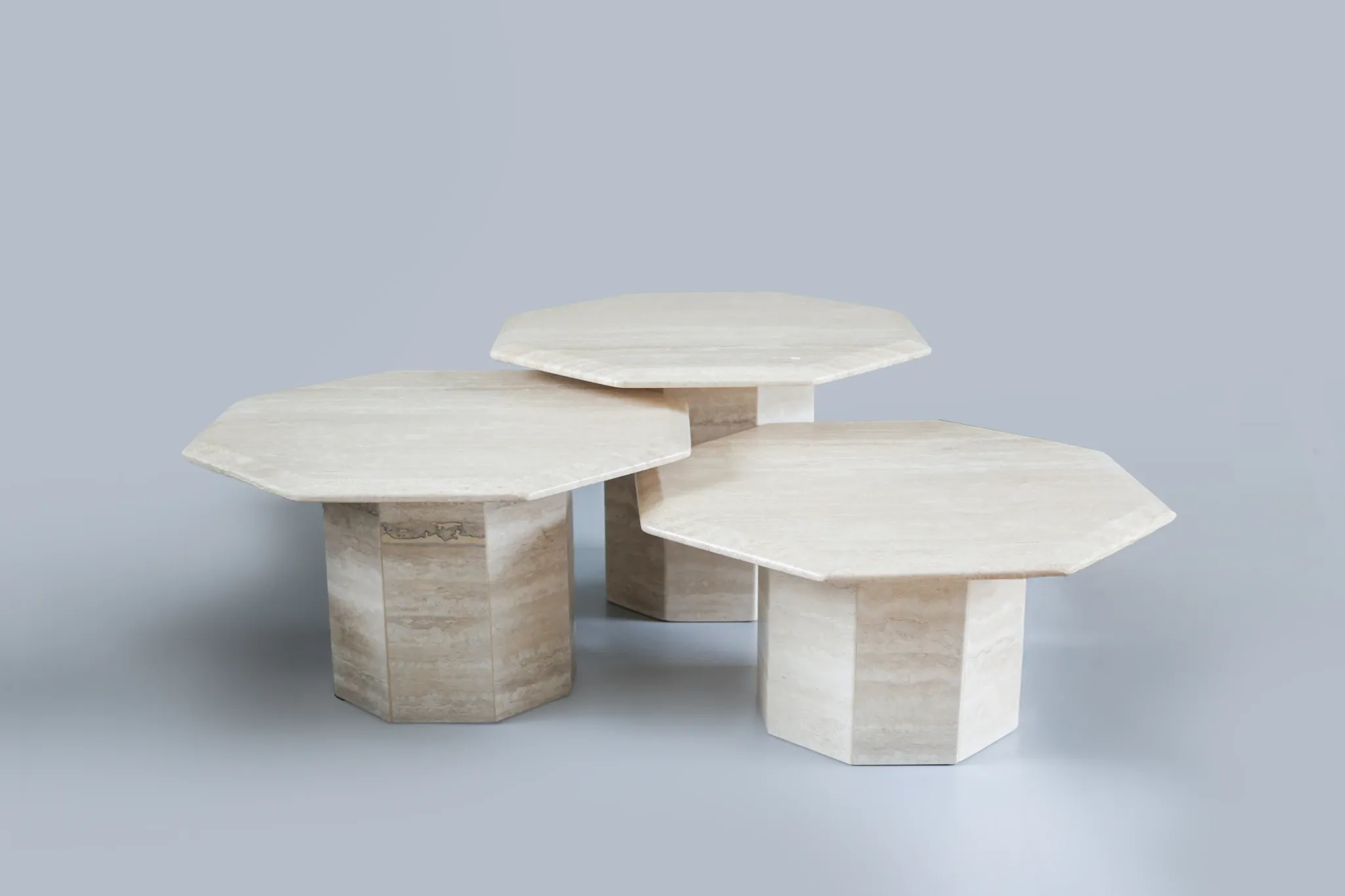 Set of 3 Travertine Octagonal Nesting Tables, 1970s.