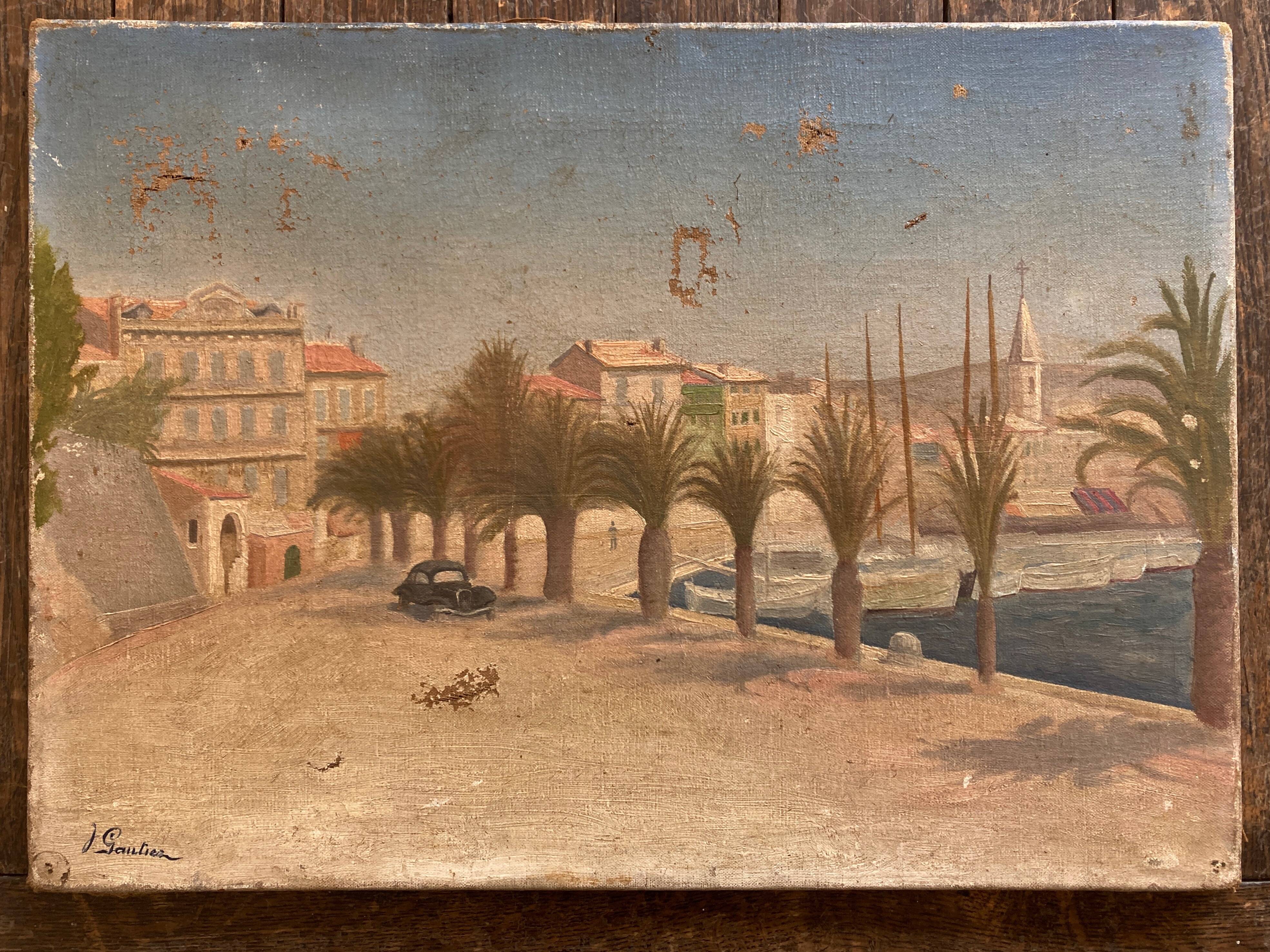 French Riviera beach scene oil on canvas 1950