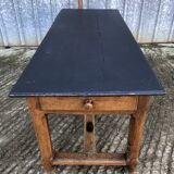 Antique oak farmhouse table with cat bar and 2 end drawers