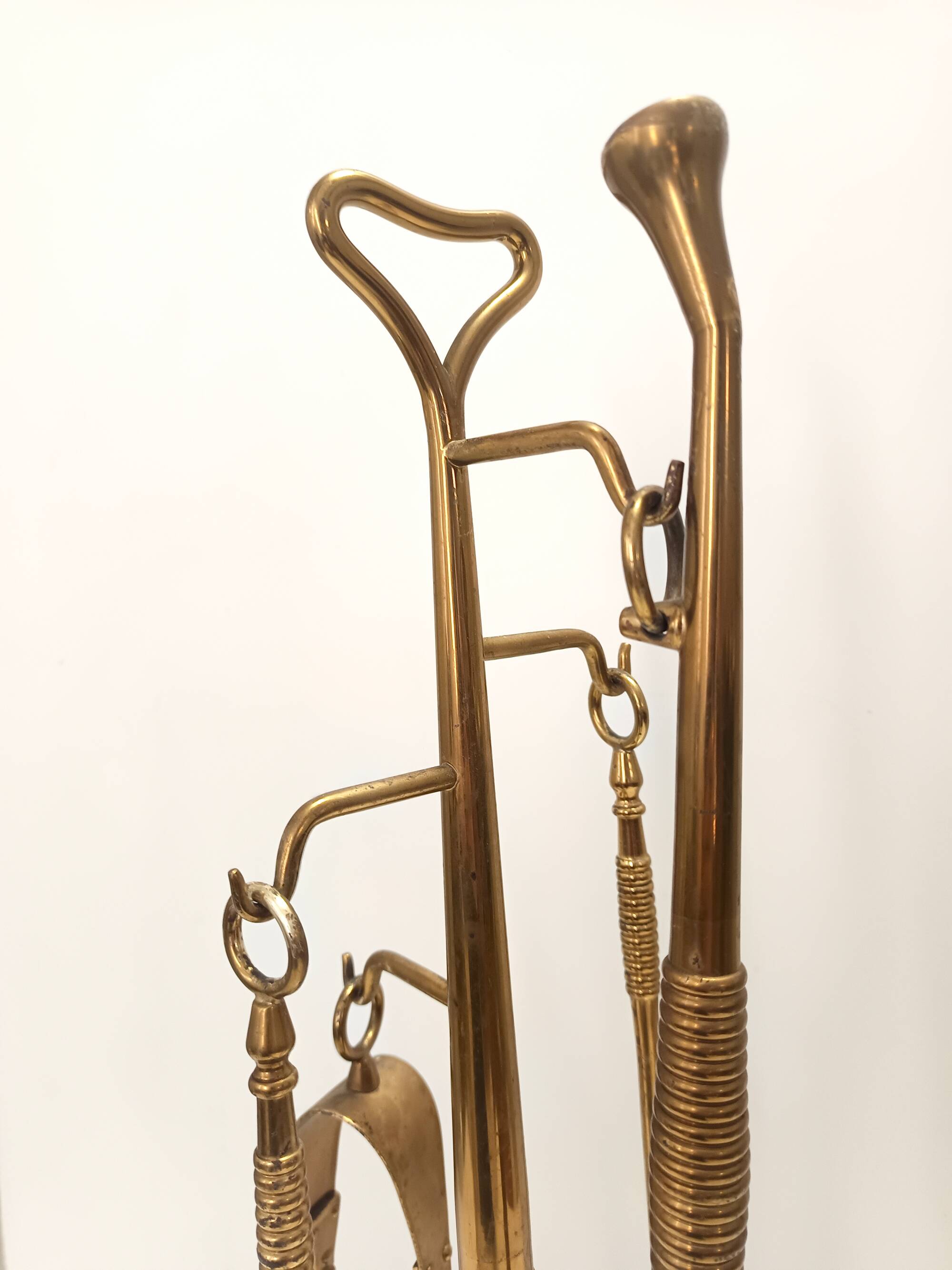 Brass, Iron and Thick Glass Fireplace Tools Set attr. to Fontana Arte