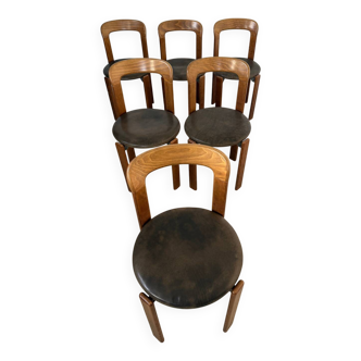 6 wooden and imitation leather chairs designed by Bruno Rey for Dietiker, vintage 60s