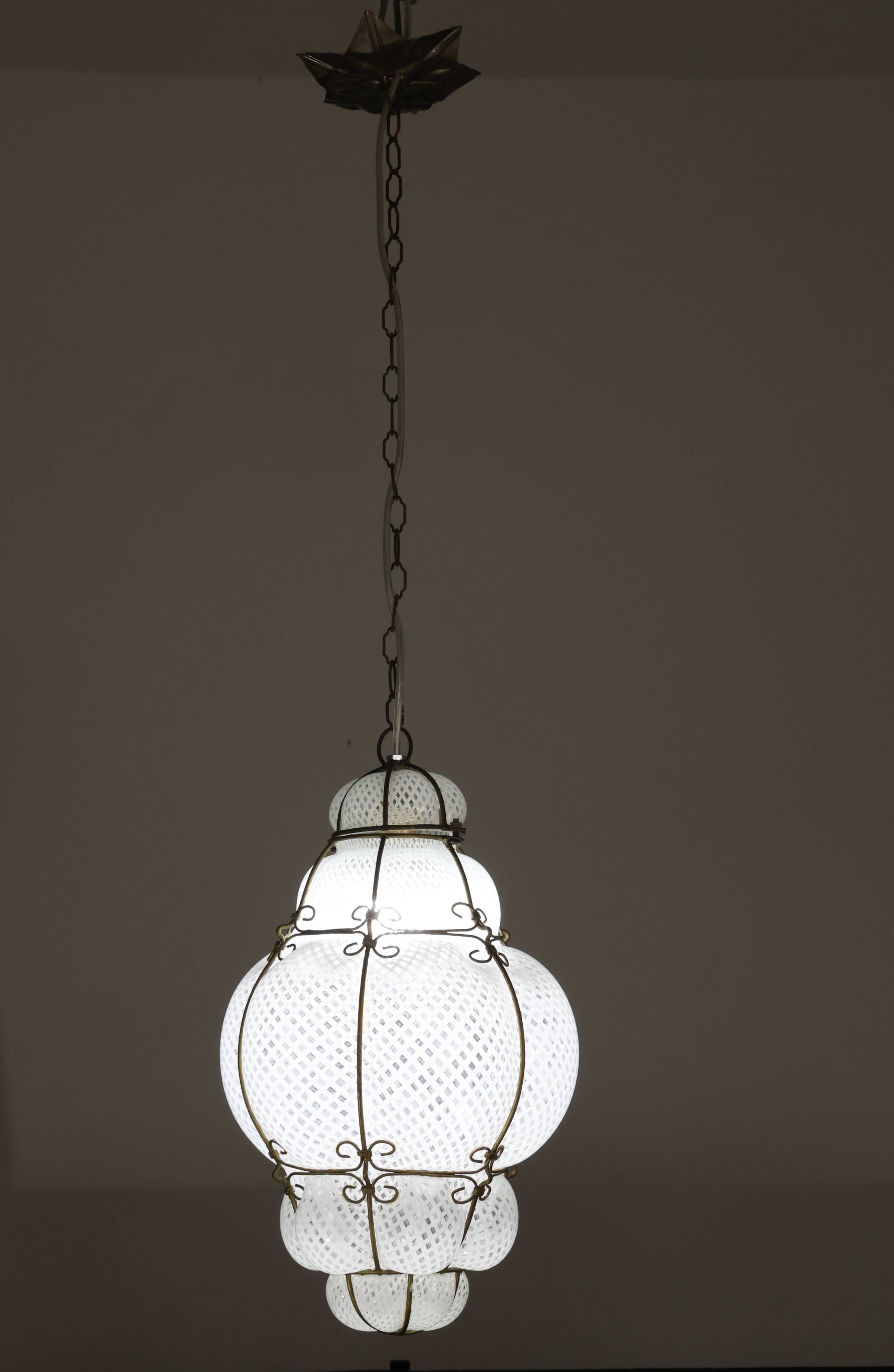 Amazing Large Venetian Lantern in Murano Reticello Glass, 1940s