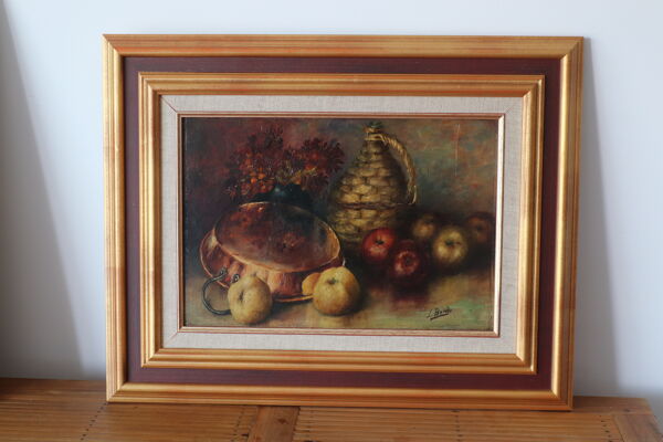 Tableau ancien nature morte dame jeanne et pommes