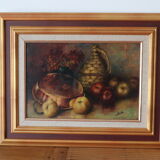 Tableau ancien nature morte dame jeanne et pommes